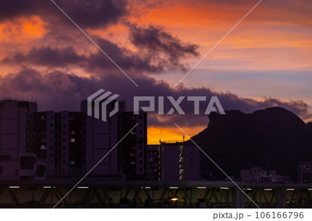 sunset of hong kong and mountain range of lion rock sunset of hong kong and mountain range of lion rock 106166796