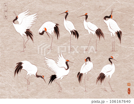 Japanese red-crowned crane birds in oriental style vintage backrgound. Traditional Japanese ink wash painting sumi-e. Hieroglyphs - eternity, freedom, happiness, zen Japanese red-crowned crane birds in oriental style vintage backrgound. Traditional Japanese ink wash painting sumi-e. Hieroglyphs - eternity, freedom, happiness, zen 106167640