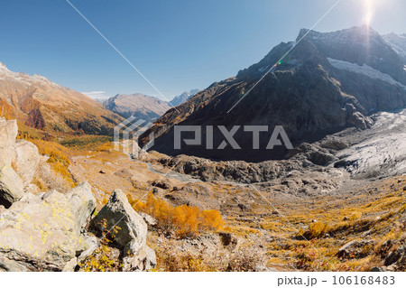 Rocky mountains and glacier. Peak of mountain and glacier. Fish eye view. 106168483