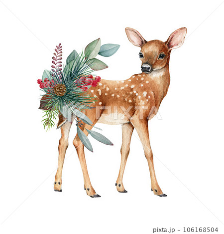 Cozy winter decor with fawn and wintertime florals. Watercolor illustration. Hand drawn fawn with evergreen eucalyptus leaves, pine branches, berries. Wintertime vintage style decor element 106168504