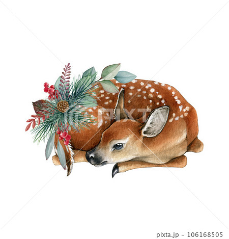 Wintertime cozy decor fawn with winter florals. Watercolor illustration. Hand drawn young deer with evergreen eucalyptus leaves, pine branches, berries. Wintertime vintage style decor element 106168505