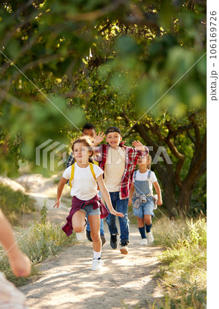 Active, playful children, boys and girls in casual clothes having fun, running, walking in forest on warm summer day 106169726