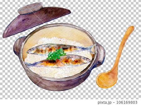 秋の味覚　秋刀魚　水彩イラスト　秋刀魚の炊き込みご飯 106169803