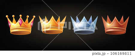 3D crown game badge set, golden silver bronze queen king vector majestic tiara icon kit royal logo. 3D crown game badge set, golden silver bronze queen king vector majestic tiara icon kit royal logo. 106169811