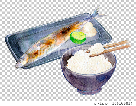 秋天秋刀魚水彩插畫的味道 烤秋刀魚和新米 秋天秋刀魚水彩插畫的味道 烤秋刀魚和新米 106169814