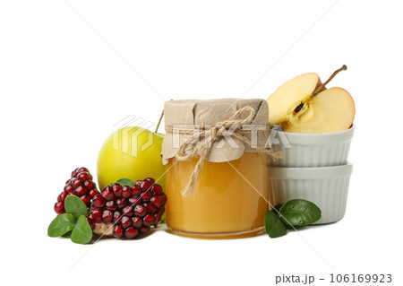 PNG, apples, pomegranate and jar of honey, isolated on white background PNG, apples, pomegranate and jar of honey, isolated on white background 106169923