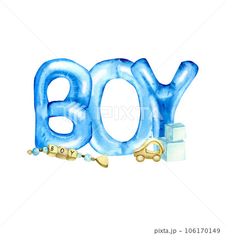 Watercolor blue balloons of english characters boy, wooden car for baby boy decoration , greeting card Watercolor blue balloons of english characters boy, wooden car for baby boy decoration , greeting card 106170149