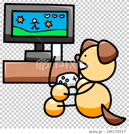 一隻狗玩電子遊戲的插圖（水平反轉版）狗 106170557