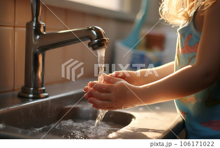 Close up of female child washing hands in washroom under faucet with water, soap 106171022