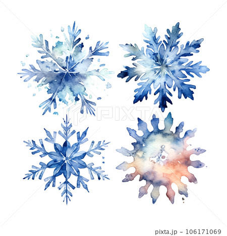 Blue snowflakes watercolor in beautiful style on white background. Winter holiday season. Vector set. Blue snowflakes watercolor in beautiful style on white background. Winter holiday season. Vector set. 106171069