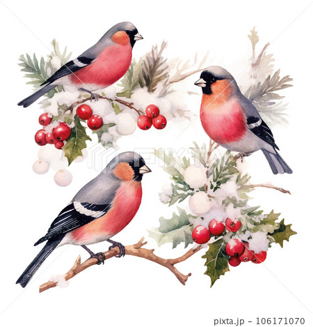 Christmas Bullfinches watercolor in hand drawn style. Vector illustration design element. 106171070