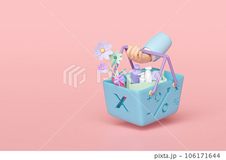 Basket hanging on wrist with miscellaneous isolated on pink background. enjoy shopping concept, 3d render illustration 106171644