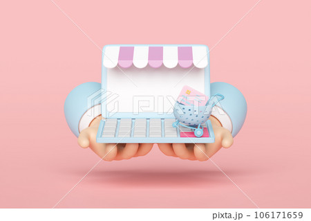 online shopping with hand holding laptop computer monitor, store front, credit card shopping carts or basket isolated on pink background. 3d illustration render online shopping with hand holding laptop computer monitor, store front, credit card shopping carts or basket isolated on pink background. 3d illustration render 106171659