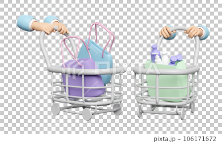 3d hand pushing a shopping cart with shopping paper bags, miscellaneous isolated. purchase target, enjoy shopping concept, 3d render illustration 3d hand pushing a shopping cart with shopping paper bags, miscellaneous isolated. purchase target, enjoy shopping concept, 3d render illustration 106171672
