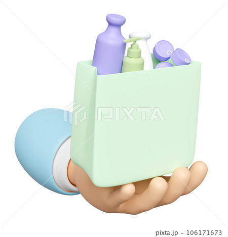 3d hand holding shopping paper bags with miscellaneous isolated. purchase target, enjoy shopping concept, 3d render illustration 106171673