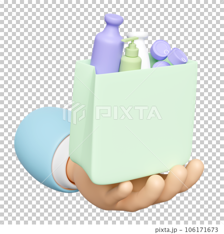 3d hand holding shopping paper bags with miscellaneous isolated. purchase target, enjoy shopping concept, 3d render illustration 106171673
