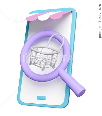 3d mobile phone, smartphone with store front, shopping carts, magnifying glass isolated. web search engine or web browsing, online shopping concept, 3d render illustration 3d mobile phone, smartphone with store front, shopping carts, magnifying glass isolated. web search engine or web browsing, online shopping concept, 3d render illustration 106171676