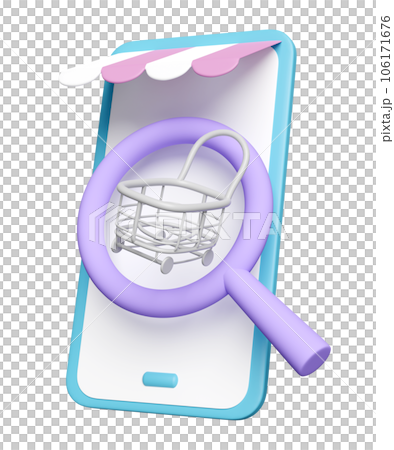 3d mobile phone, smartphone with store front, shopping carts, magnifying glass isolated. web search engine or web browsing, online shopping concept, 3d render illustration 3d mobile phone, smartphone with store front, shopping carts, magnifying glass isolated. web search engine or web browsing, online shopping concept, 3d render illustration 106171676