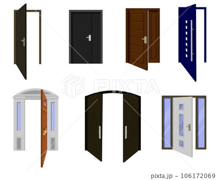 Open and closed door collection. Entrance and exit doors with handles and frames. Entry, exit in doorframe. Flat vector illustration isolated on white background Open and closed door collection. Entrance and exit doors with handles and frames. Entry, exit in doorframe. Flat vector illustration isolated on white background 106172069