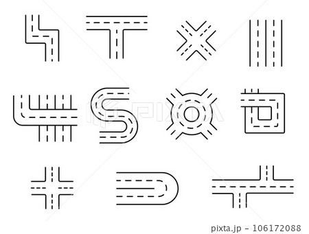 Road icon set. Road sections of different shapes. Navigation and roads related editable stroke outline icons set. 106172088
