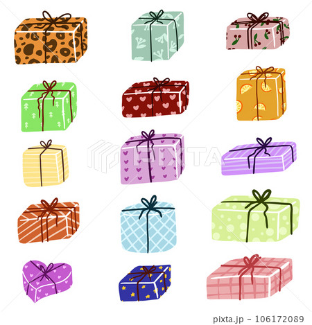 Gift box cartoon set icon. Christmas gifts, New Year presents. Holiday presents wrapped in festive paper wrapping, decorated with ribbon bows, strings and twines. 106172089