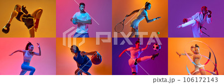 Collage. Sportive young people, men and women training, playing against multicolored background in neon light. Collage. Sportive young people, men and women training, playing against multicolored background in neon light. 106172143
