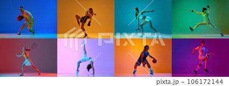 Collage. Sportive young people, men and women training, playing against multicolored background in neon light 106172144