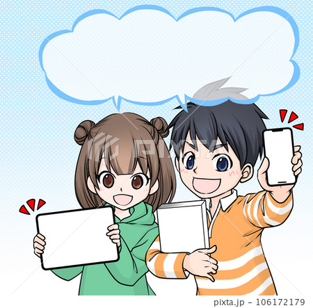 手にタブレットとスマートフォンを持つ男の子と女の子 手にタブレットとスマートフォンを持つ男の子と女の子 106172179