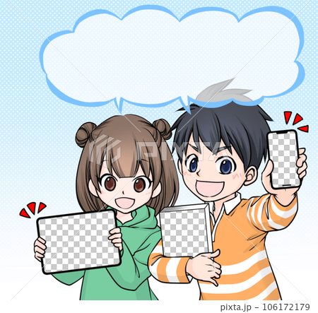 手にタブレットとスマートフォンを持つ男の子と女の子 手にタブレットとスマートフォンを持つ男の子と女の子 106172179
