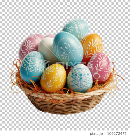 Cut-Off Easter Eggs in Basket 106172475
