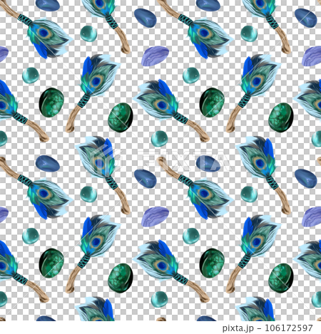 Peacock feather and stones. Seamless pattern for halloween and esoteric isolated on white background. Wrapping paper, textiles, fabrics, covers. 106172597
