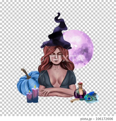 Witch, pumpkin, candles, moon, potion. Illustration for halloween and esoteric isolated on white background. Greeting cards, invitations, flyers. 106172606