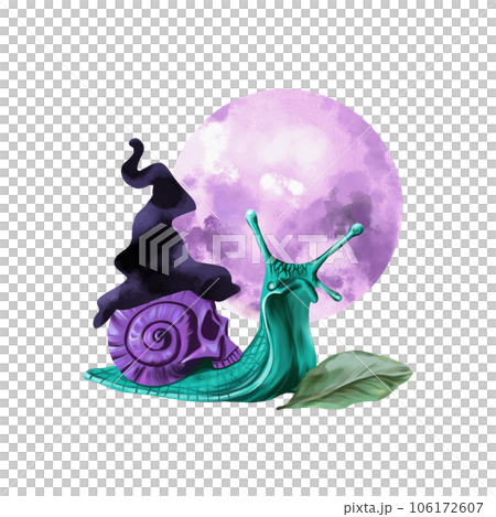 Mystical snail, witch hat, bay leaf, moon. Illustration for halloween and esoteric, isolated on white background. Greeting cards, invitations, flyers. 106172607