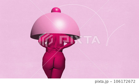Contemporary art collage. Conceptual image with female body, buttocks in pink effect and drawn breast elements isolated white background. Contemporary art collage. Conceptual image with female body, buttocks in pink effect and drawn breast elements isolated white background. 106172672