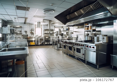 Bright commercial kitchen with stainless steel. Bright commercial kitchen with stainless steel. 106172767