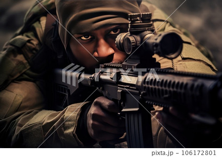 Sniper in an ambush in the forest. Sniper in an ambush in the forest. 106172801