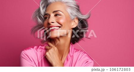Psychology portrait of a smiling beautiful Caucasian woman on pink background. Psychology portrait of a smiling beautiful Caucasian woman on pink background. 106172803