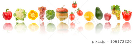 Fresh cut fruits and vegetables with light reflection isolated on white Fresh cut fruits and vegetables with light reflection isolated on white 106172820