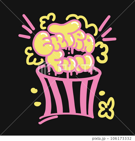 Graffiti Slogan Extra Fun with bucket of popcorn in Yellow, Pink Color. Colorful Urban style Lettering with Junk food. Vector illustration. Groovy Hippie Sticker for T-Shirts, Wallpaper, Case Phone. 106173332