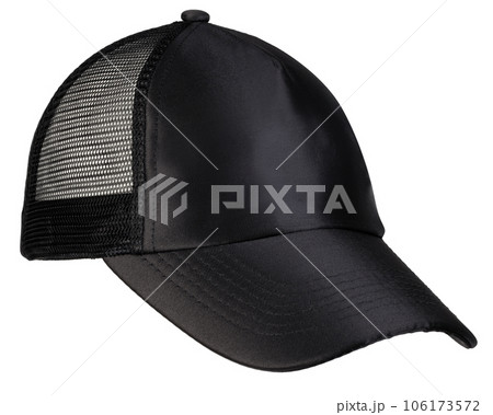 An angled shot of a black sports cap made of mesh, isolated on a white background. Perfect for branding and design mockups. 106173572