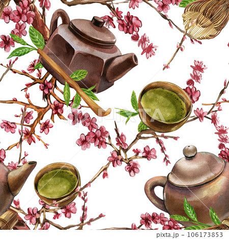 Seamless pattern teapot, bowl, bamboo spoon matcha, whisk, blooming sakura branch isolated on white background. Watercolor hand draw illustration. Art asian design fabric, advertising. Stylish graphic Seamless pattern teapot, bowl, bamboo spoon matcha, whisk, blooming sakura branch isolated on white background. Watercolor hand draw illustration. Art asian design fabric, advertising. Stylish graphic 106173853