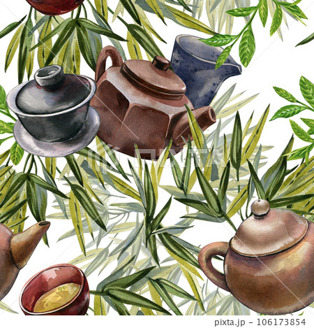 Seamless pattern asian teapot ceramic, bowl, tea, bamboo isolated on white background. Watercolor hand drawing illustration. Art asian traditional design fabric, advertising. Stylish original graphic 106173854