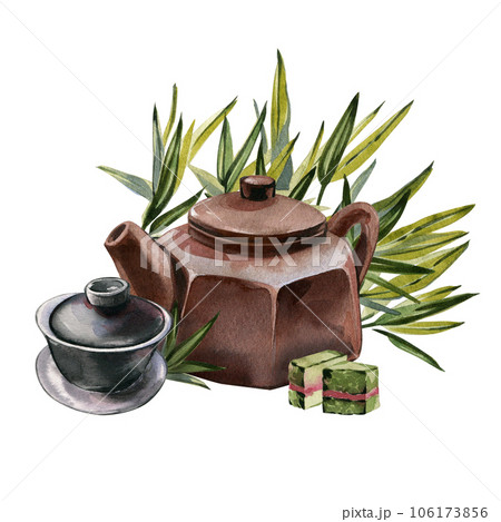 Teapot, black bowl, pressed tea squares isolated on white background. Watercolor hand drawn illustration. Art for design 106173856