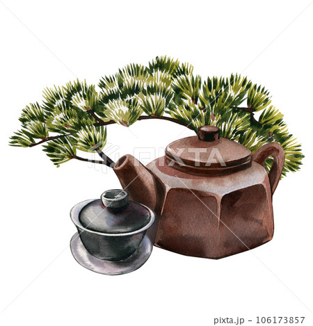 Teapot, empty black bowl, bonsai tree isolated on white background. Watercolor hand drawn illustration. Art for design Teapot, empty black bowl, bonsai tree isolated on white background. Watercolor hand drawn illustration. Art for design 106173857