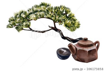 Teapot, empty black bowl, bonsai tree isolated on white background. Watercolor hand drawing illustration. Art for design 106173858