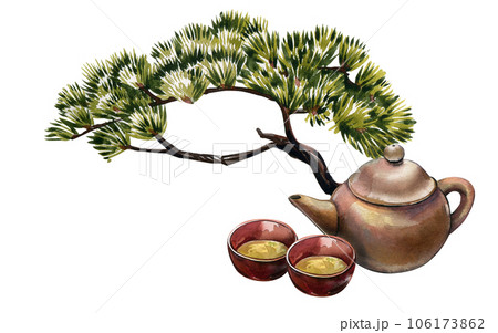 Teapot, bowl with tea and bonsai tree isolated on white background. Watercolor hand drawn illustration. Art for design 106173862
