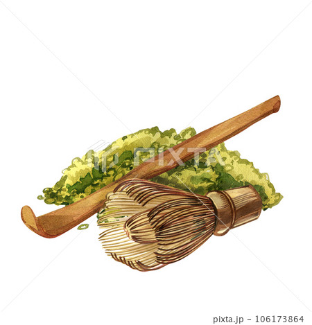 Heap dry matcha tea, bamboo spoon, whisk, tea plant isolated on white. Watercolor hand drawing illustration. Art design 106173864