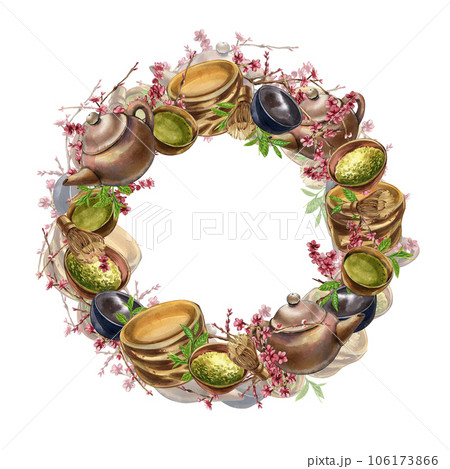 Wreath bowl, matcha tea, teapot, whisk, sakura flowers isolated on white. Watercolor hand drawn illustration. Art design 106173866