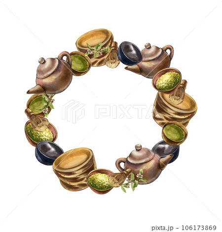 Wreath bowl, matcha, teapot, bamboo whisk, tea plant isolated on white. Watercolor hand drawing illustration. Art design 106173869