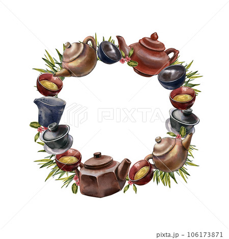 Wreath asian teapot, bowl for tea ceremony isolated on white background. Watercolor hand drawing illustration Art design Wreath asian teapot, bowl for tea ceremony isolated on white background. Watercolor hand drawing illustration Art design 106173871